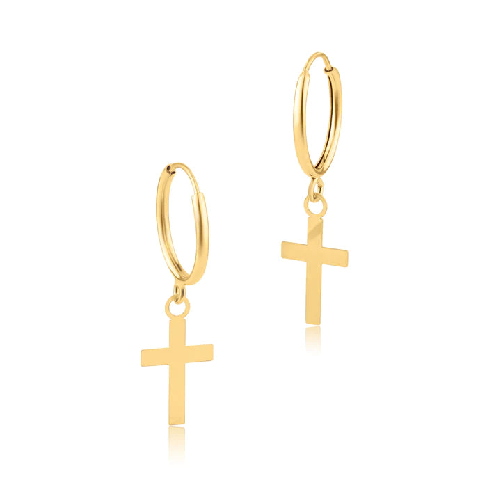 14K Gold Cross Hoops